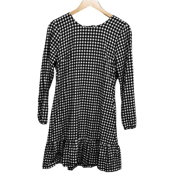 J Crew Gingham Flannel Ruffle Dress Bow Back Black White Buffalo Check Size XS - Picture 2 of 8